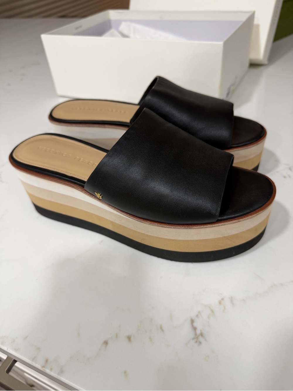 Veronica Beard Black Leather Slide Platform Sandals with Striped Sole